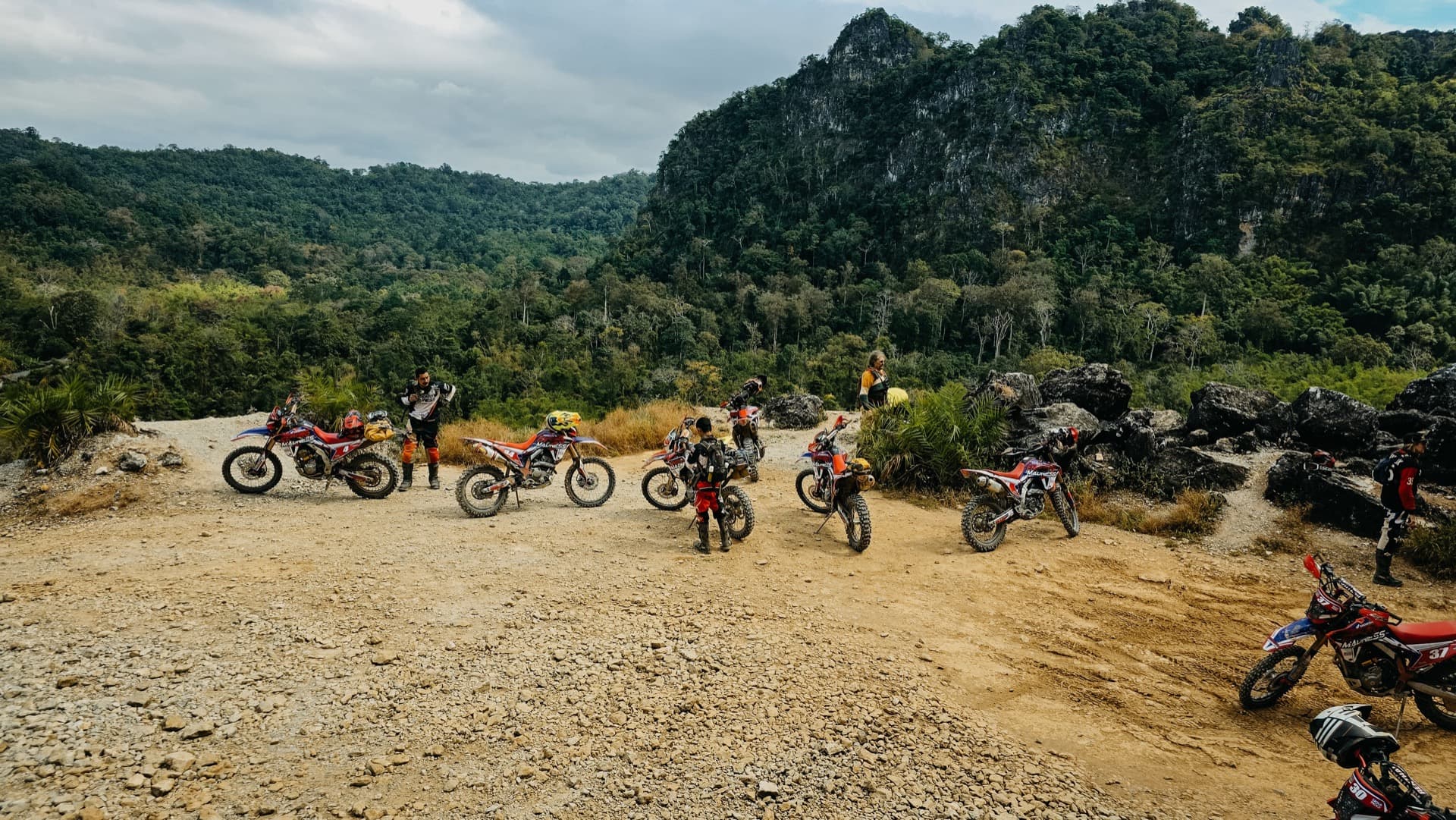 Enduro group at rocky hilltop in Eastern Thailand